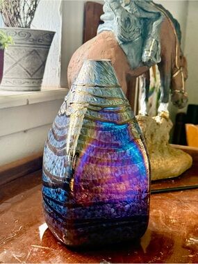 Vintage Signed Brent Cox 1994 Studio Art Glass Oil Spot Iridescent Vase